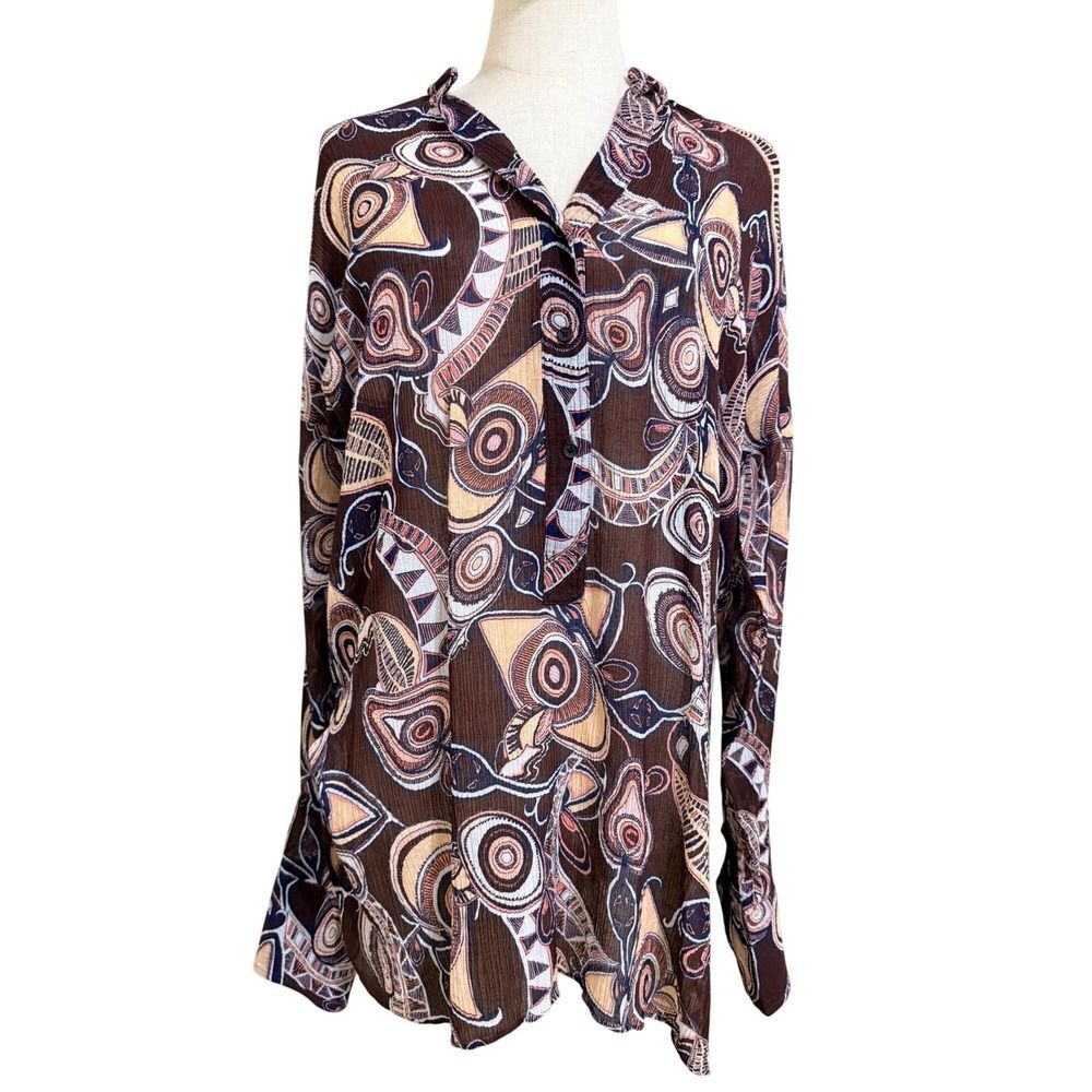 A.L.C. Womens Geometric Tunic Top Silk Blend Brown Long Sleeve Blouse Boho XS/S